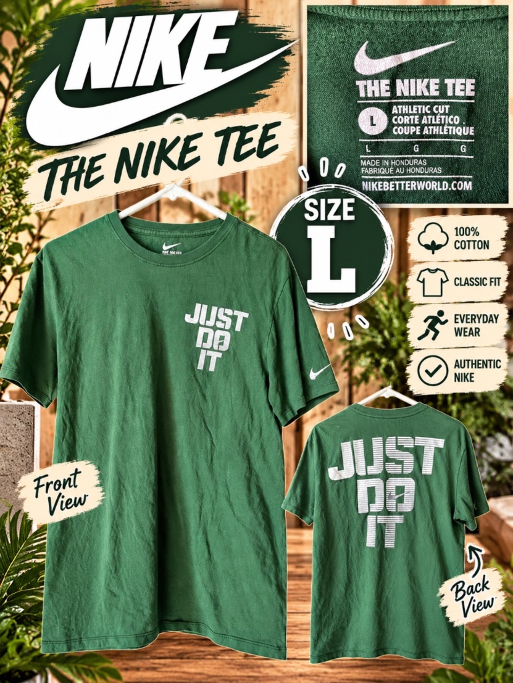 Nike Just Do It Graphic Tee Men’s Large Green Athletic Cut Swoosh